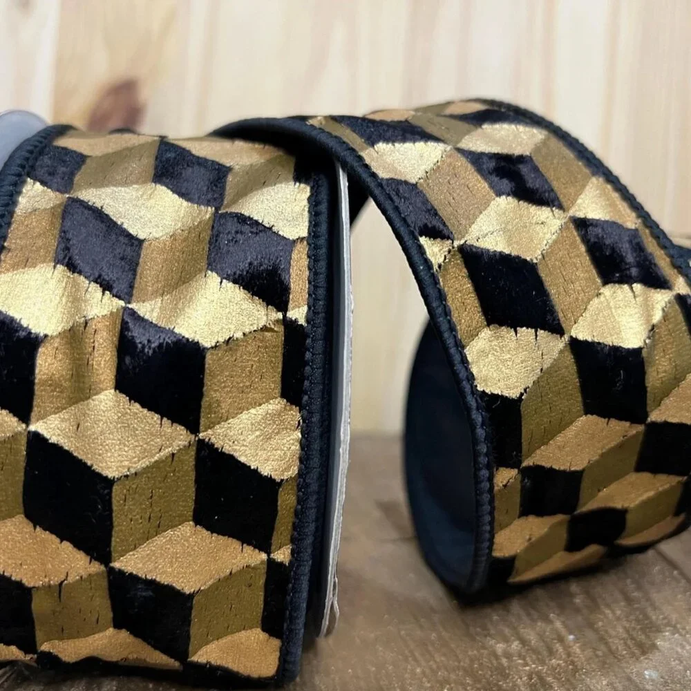 2.5 Inch 3D Cube Black and Gold Wired Ribbon Holiday Craft Supplies